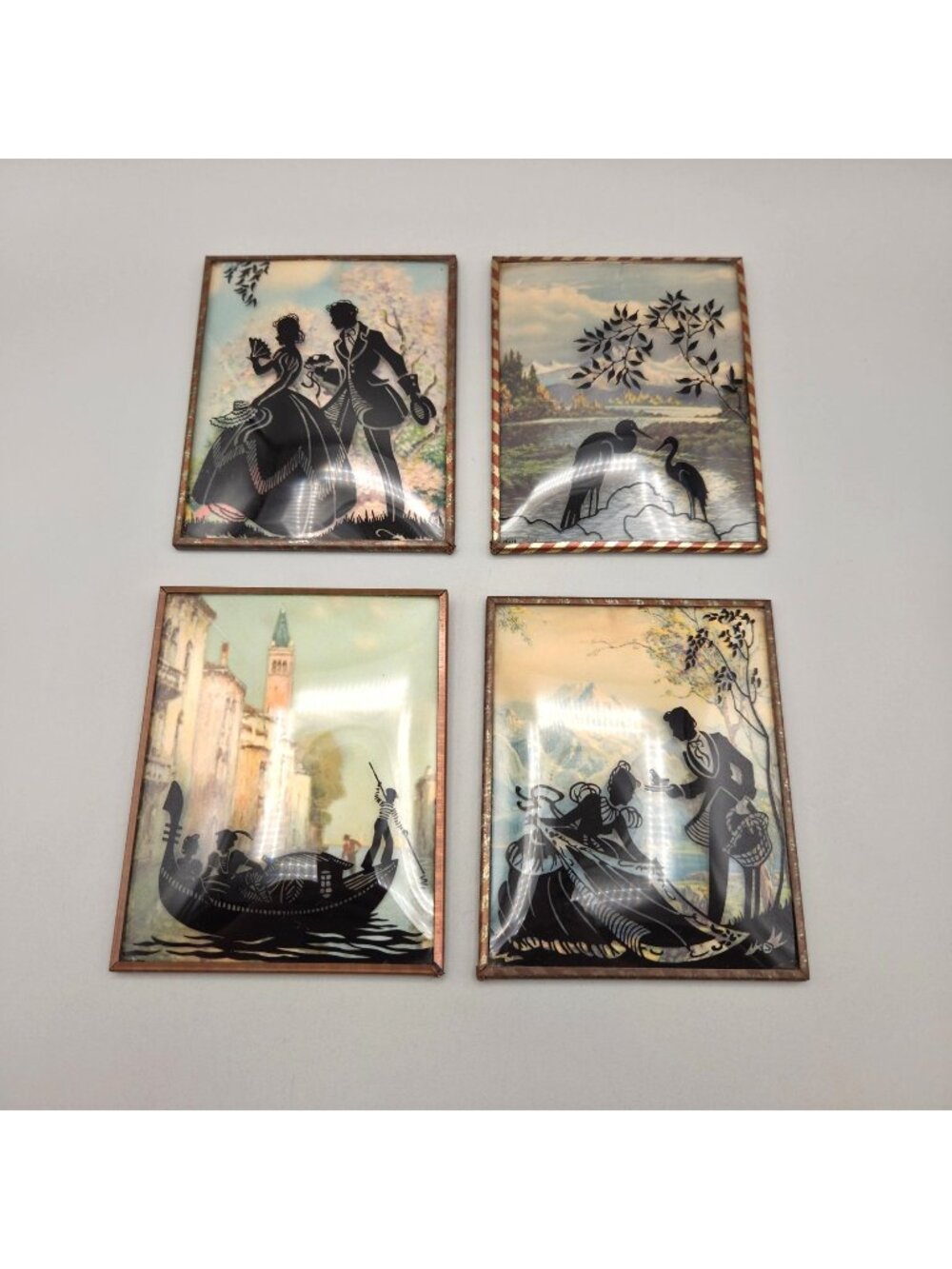 Vintage Reverse Painted Silhouette Convex Bubble Glass Art Herons Courting Set 4